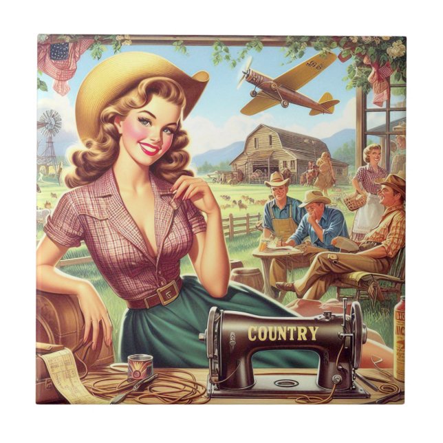 Vintage Country Girl Illustration Tile (Front)