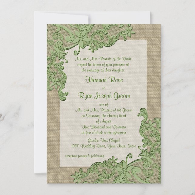 Vintage Country Lace Design and Burlap Green Invitation (Front)