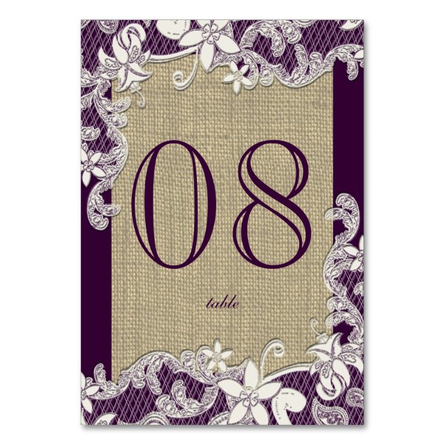 Vintage Country Lace Purple Table Number (Front)