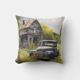 Vintage country pillow with pickup and barn