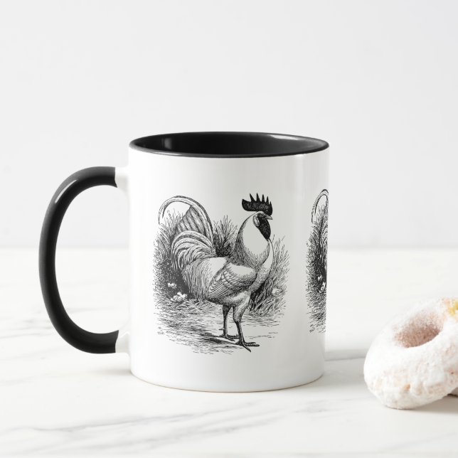 Vintage Country Rooster black white mug (With Donut)
