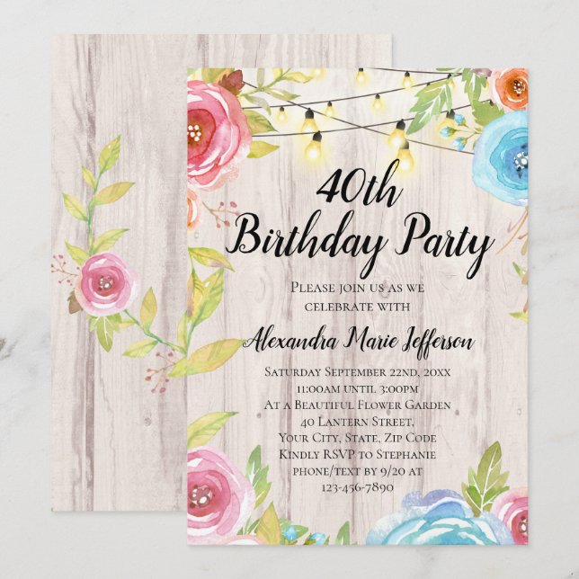 Vintage Country Rustic String Lights 40th Birthday Invitation (Front/Back)