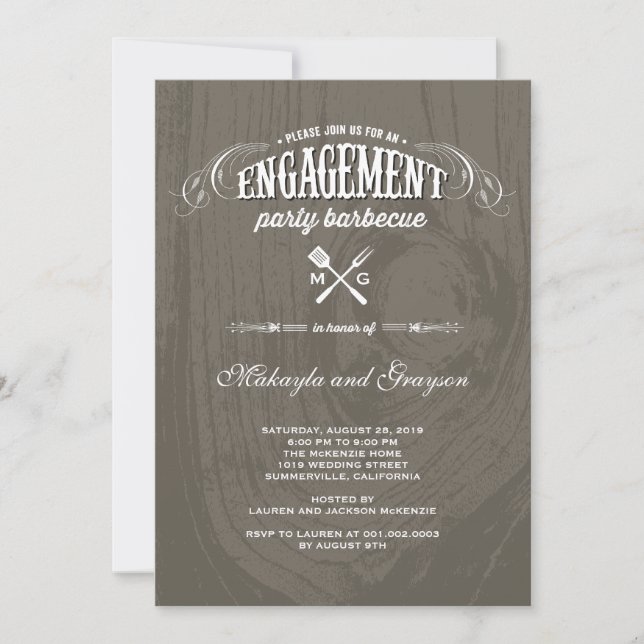 Vintage Country Rustic Wood BBQ Engagement Party Invitation (Front)