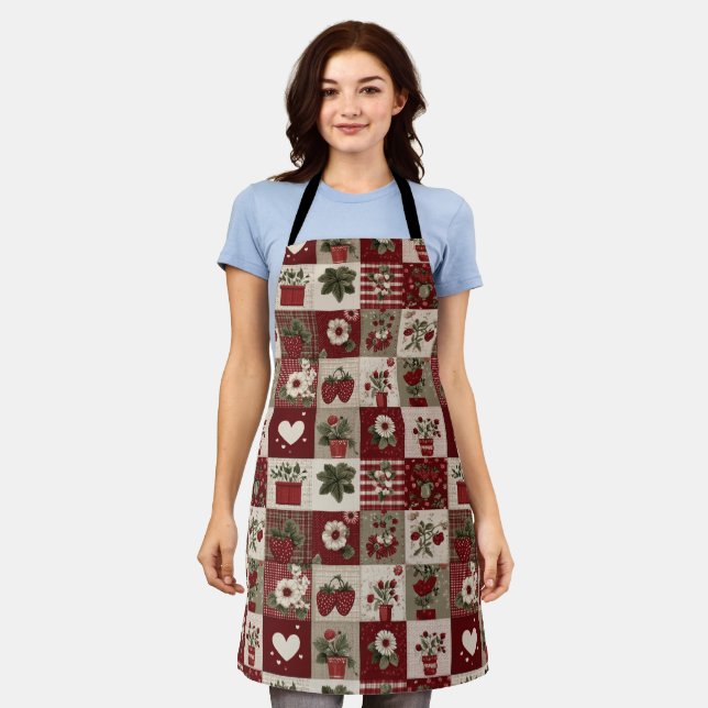 Vintage Country Strawberry Patchwork Pattern Apron (Worn)