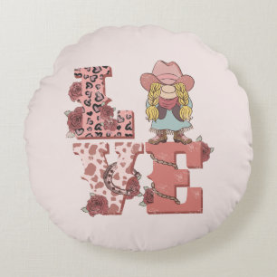 Vintage Country-Style "Love" with a Blonde Cowgirl Round Pillow