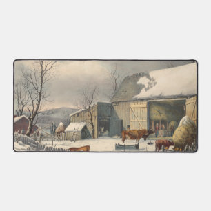 Vintage Country Winter Farm Barnyard Animals Desk Mat
