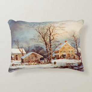 Vintage Country Winter Holiday Christmas Scene Accent Pillow
