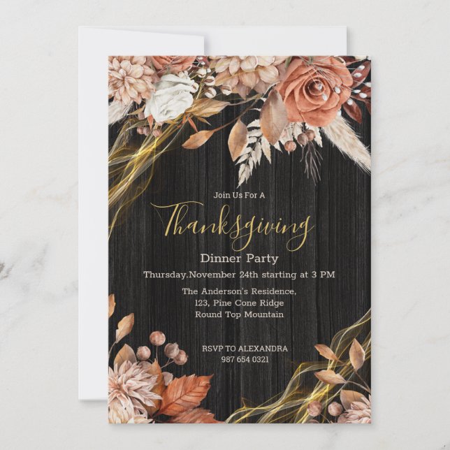Vintage Country Wood Floral Thanksgiving Dinner Invitation (Front)