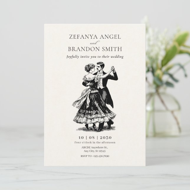 Vintage couple dancing wedding invitation (Standing Front)