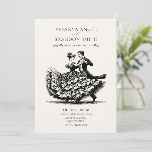 Vintage couple dancing wedding invitation (Standing Front)
