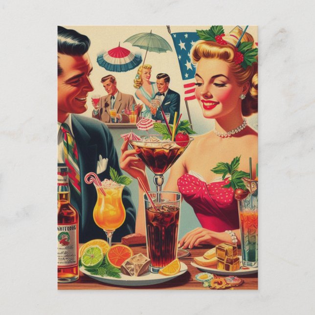 Vintage Couple Drinks 1950s Illustration Postcard (Front)