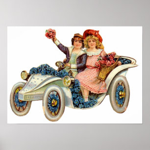Vintage Couple in Flower Cart Poster