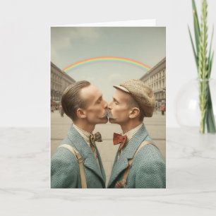 Vintage Couple Kiss Under Rainbow Card