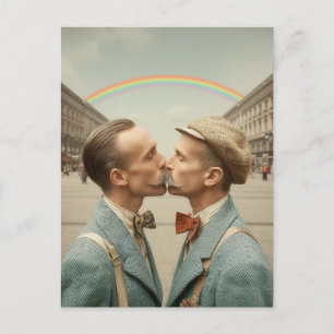 Vintage Couple Kiss Under Rainbow Postcard