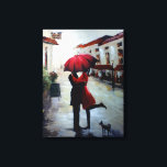 Vintage Couple with Umbrella and Dog Canvas<br><div class="desc">Replica wrapped canvas painting of a couple in love holding red umbrella in Mediterranean city with a small Scottish Terrier</div>