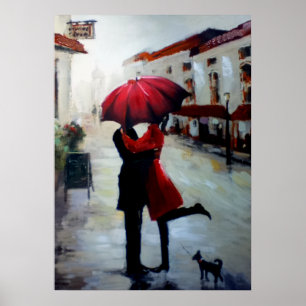 Vintage Couple with Umbrella and Dog Print
