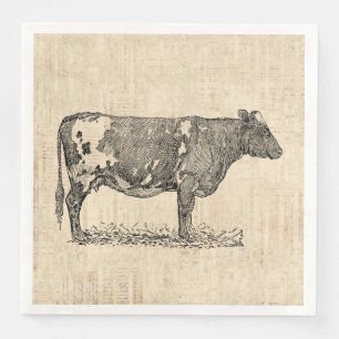 Vintage Cow Art Illustration w/ Script Background Napkin