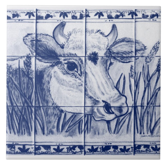 Vintage Cow Blue White Art Dedham Delft Trivet (Front)
