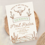 Vintage Cow Desert First Rodeo 1st Birthday Invitation<br><div class="desc">Vintage Cow Desert First Rodeo 1st Birthday Invitation

Line drawn rodeo first birthday invitation for boy featuring a longhorn cow,  cactus and western desert with a pale mint colored highlight. This 1st rodeo first birthday invitation also features a rope like heading.</div>