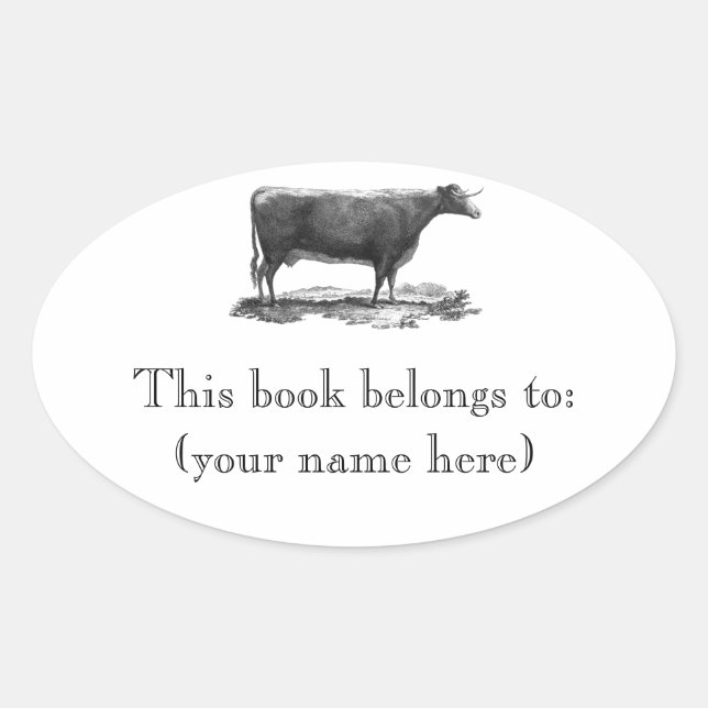Vintage cow etching bookplate oval sticker (Front)