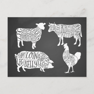 Vintage Cow Pig Chicken Butcher Meat Cuts  Holiday Postcard