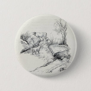 Vintage Cow Sheep in Field Stream Meadow Print 2 Inch Round Button