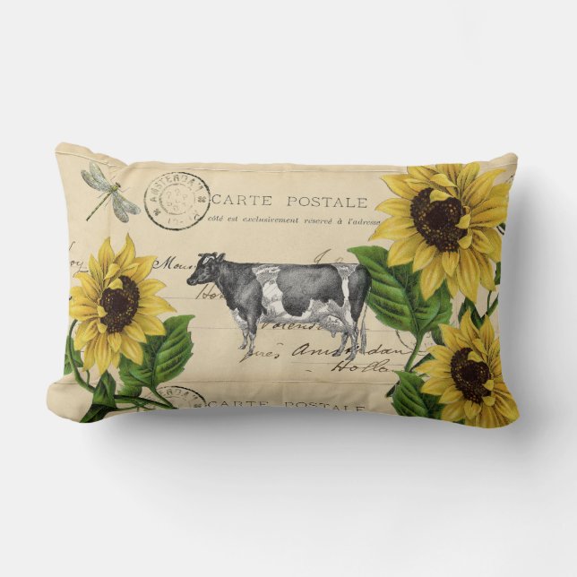 Vintage Cow Yellow Sunflower Postcard Throw Pillow (Front)
