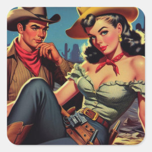 Vintage Cowboy and Cowgirl Square Sticker