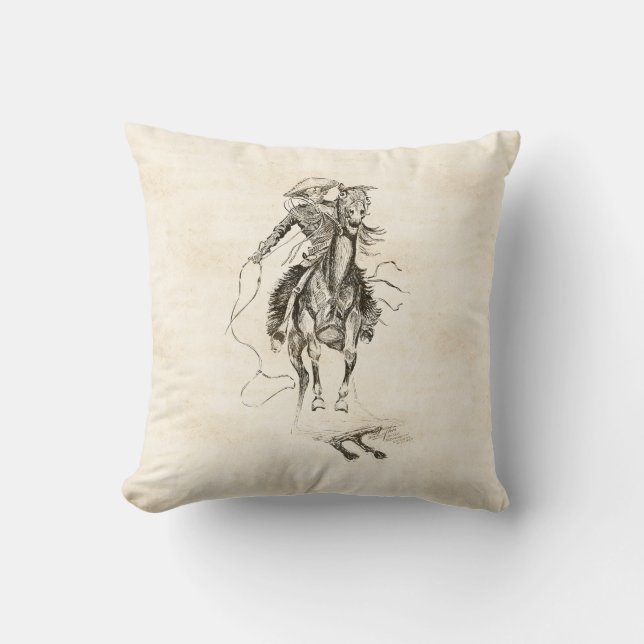 Vintage Cowboy and Horse Illustration Throw Pillow (Front)