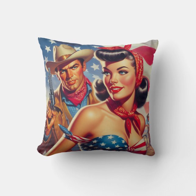 Vintage Cowboy and Pin Up Throw Pillow (Front)