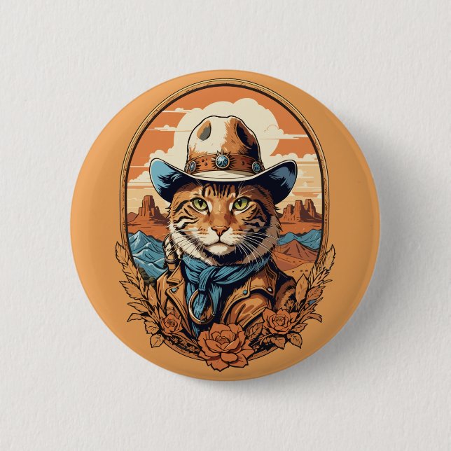 Vintage Cowboy Cat Design 2 Inch Round Button (Front)
