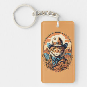 Vintage Cowboy Cat Design Keychain
