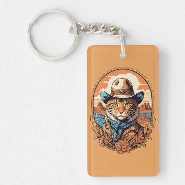 Vintage Cowboy Cat Design Keychain (Front)