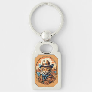 Vintage Cowboy Cat Design Keychain