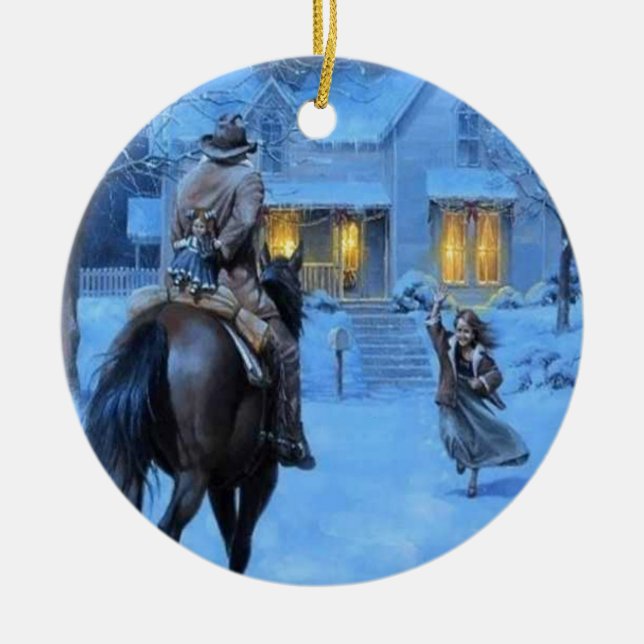 Vintage Cowboy Christmas Ceramic Ornament (Front)