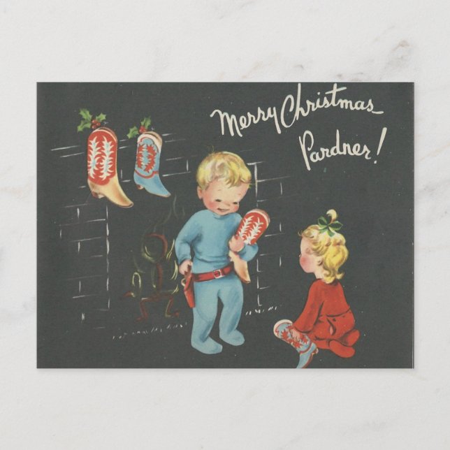 Vintage "Cowboy Kids" Christmas Holiday Postcard (Front)