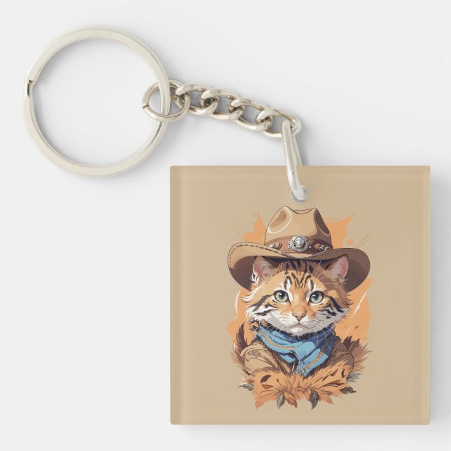 Vintage Cowboy Kitten Design Keychain (Front)