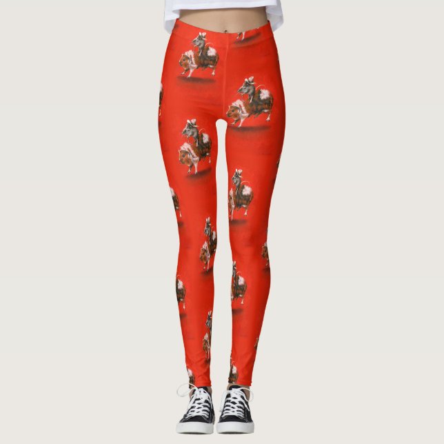 Vintage Cowboy Mouse Riding Guinea Pig Leggings (Front)