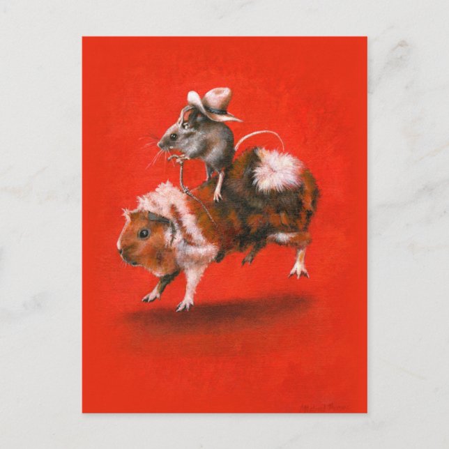 Vintage Cowboy Mouse Riding Guinea Pig Postcard (Front)