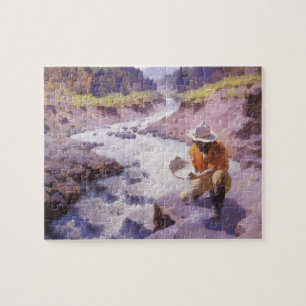 Vintage Cowboy, Panning Gold, Wyoming by Leigh Jigsaw Puzzle