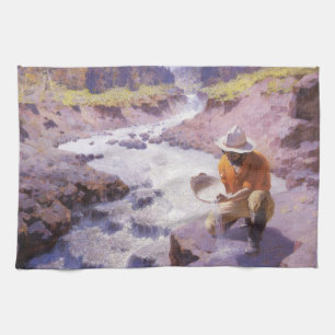 Vintage Cowboy, Panning Gold, Wyoming by Leigh Kitchen Towel