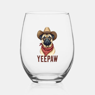 Vintage Cowboy Pug YeePaw Western Dog Illustration Stemless Wine Glass