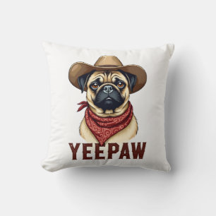 Vintage Cowboy Pug YeePaw Western Dog Illustration Throw Pillow