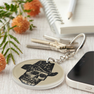 Vintage Cowboy Skull Print with Old Western Hat Keychain
