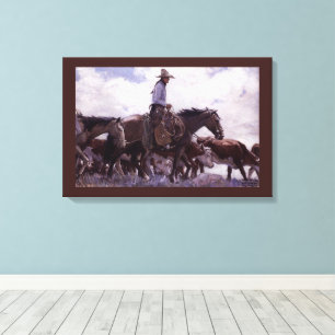 Vintage Cowboy with His Herd of Cattle by Koerner Canvas Print