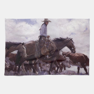 Vintage Cowboy with His Herd of Cattle by Koerner Kitchen Towel