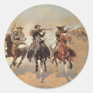 Vintage Cowboys, A Dash For Timber by Remington Classic Round Sticker