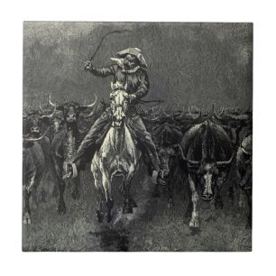 Vintage Cowboys, A Stampede by Frederic Remington Tile