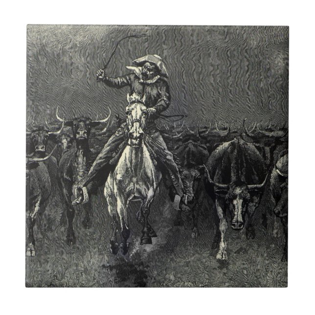 Vintage Cowboys, A Stampede by Frederic Remington Tile (Front)