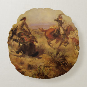Vintage Cowboys, Jerked Down by CM Russell Round Pillow